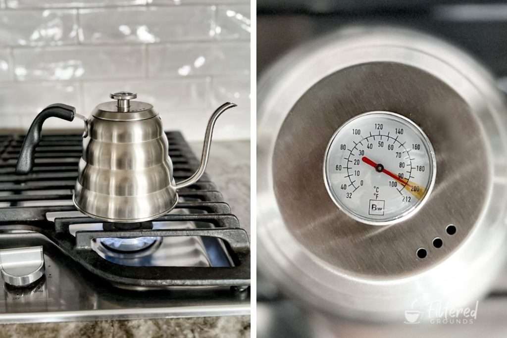 Water being heated in a stovetop gooseneck kettle