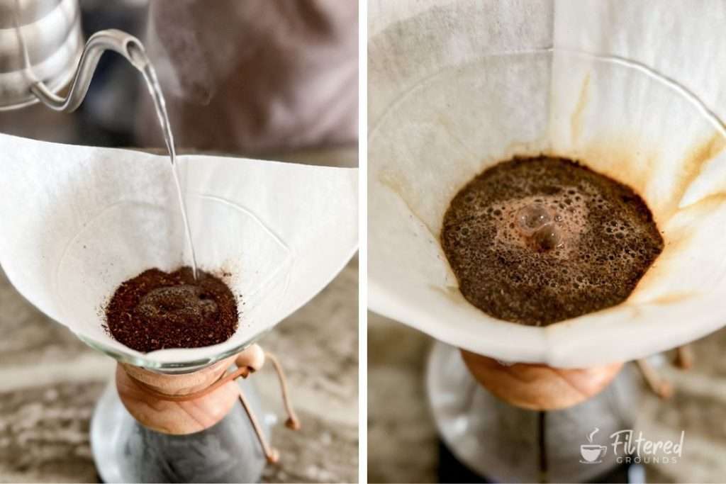 Coffee grounds in a Chemex at the beginning and end of the bloom