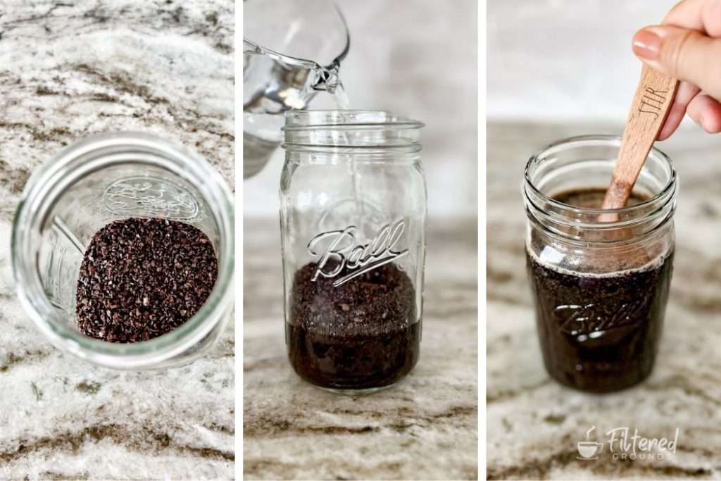 Coffee grounds in a mason jar with water being added and then stirred with a wooden spoon