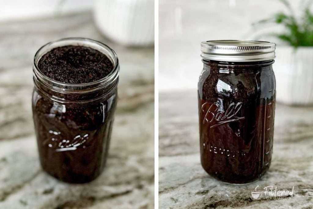 Mason jar filled to the top with cold brew coffee mixture and then sealed to begin steeping
