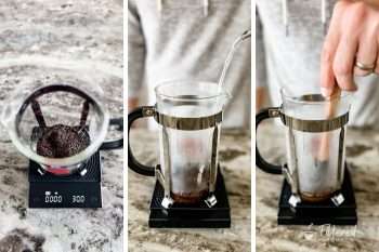 Coffee grounds in a French press on a kitchen scale, water being added, and then stirred with a wooden spoon