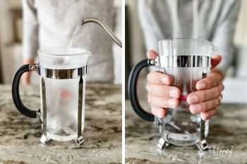 Hot water being poured into a French press and two hands cupping the carafe