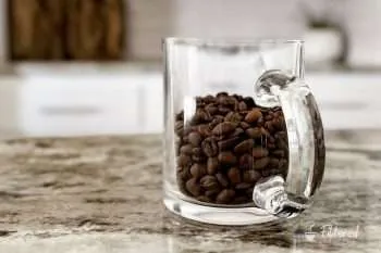 Glass coffee mug filled with an unknown number of coffee beans