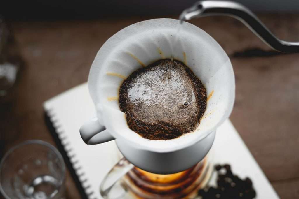 Coffee grounds being bloomed in a pour-over brewer