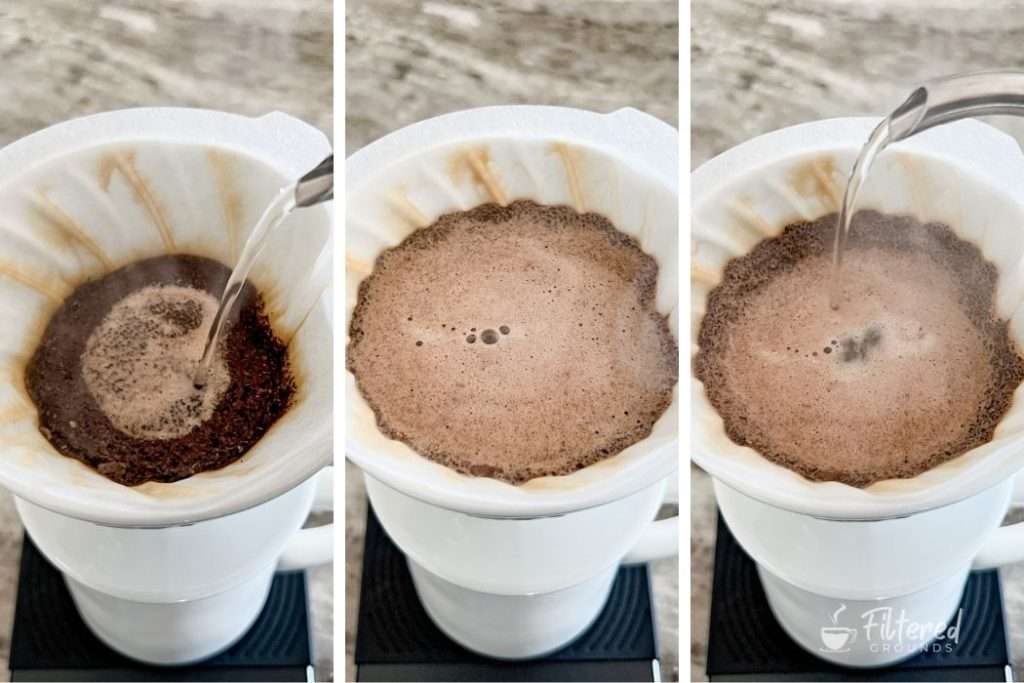 Water being added to coffee grounds intermittently in a pour-over brewer