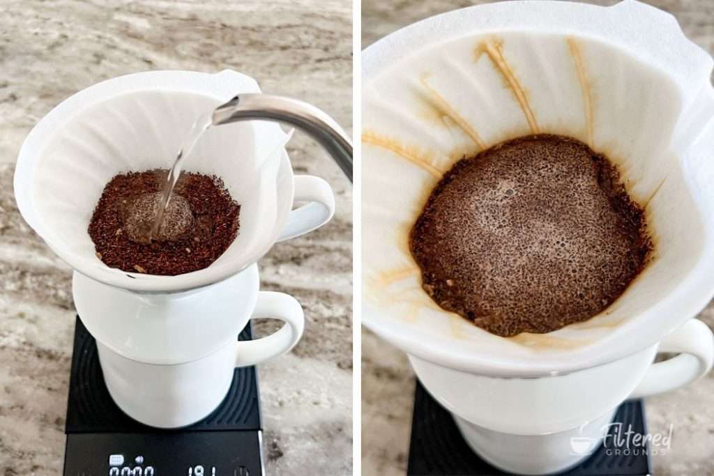 Coffee grounds in a pour-over brewer at the beginning and end of the bloom